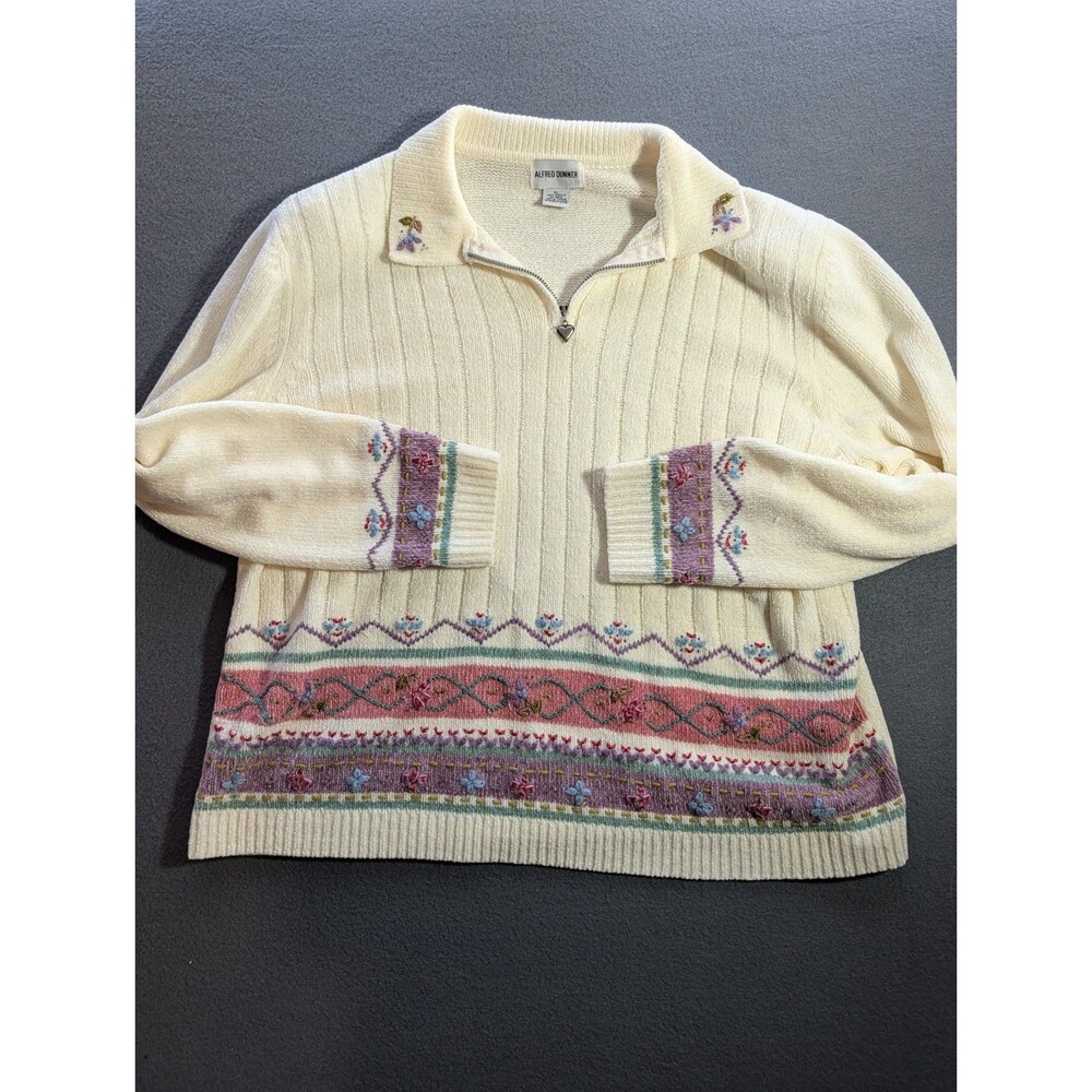 Alfred Dunner Pullover Soft Chenille 1/4 Zip Embroidered Beaded Floral Size XL